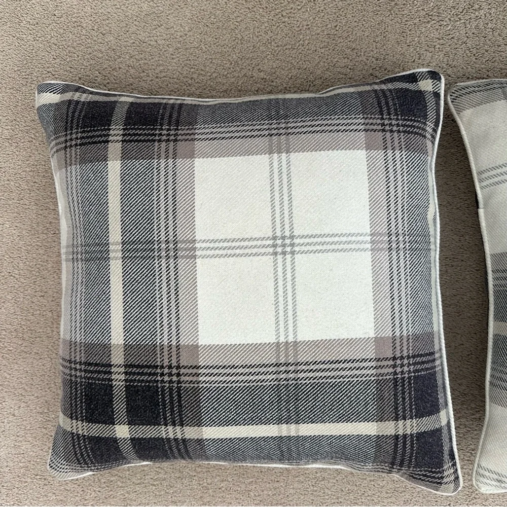 Set of 2 Plaid Black White & Tan Fall Throw Pillows with Down Feather Inserts